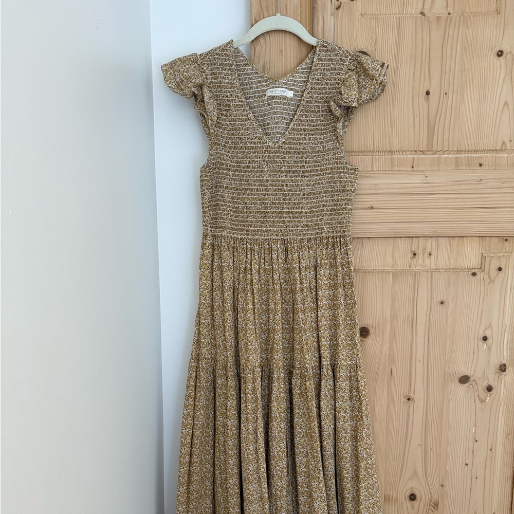 Christy Dawn Tan Flutter Sleeve Smocked Maxi Dress